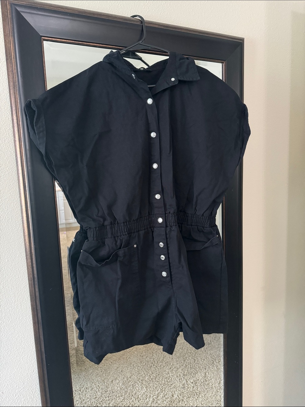 Black Button-Front collared Romper with Elastic Waist